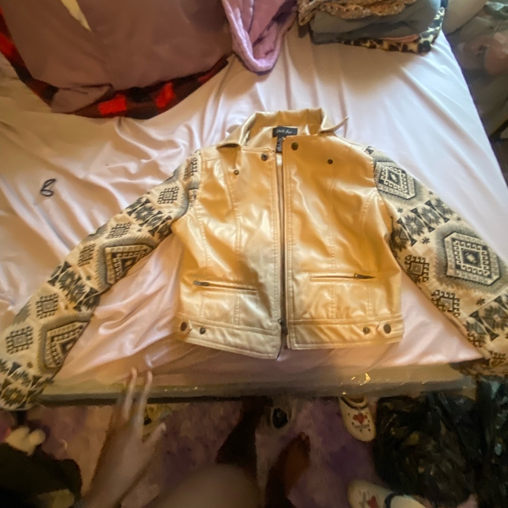 Beige Jacket with Patterned Sleeves